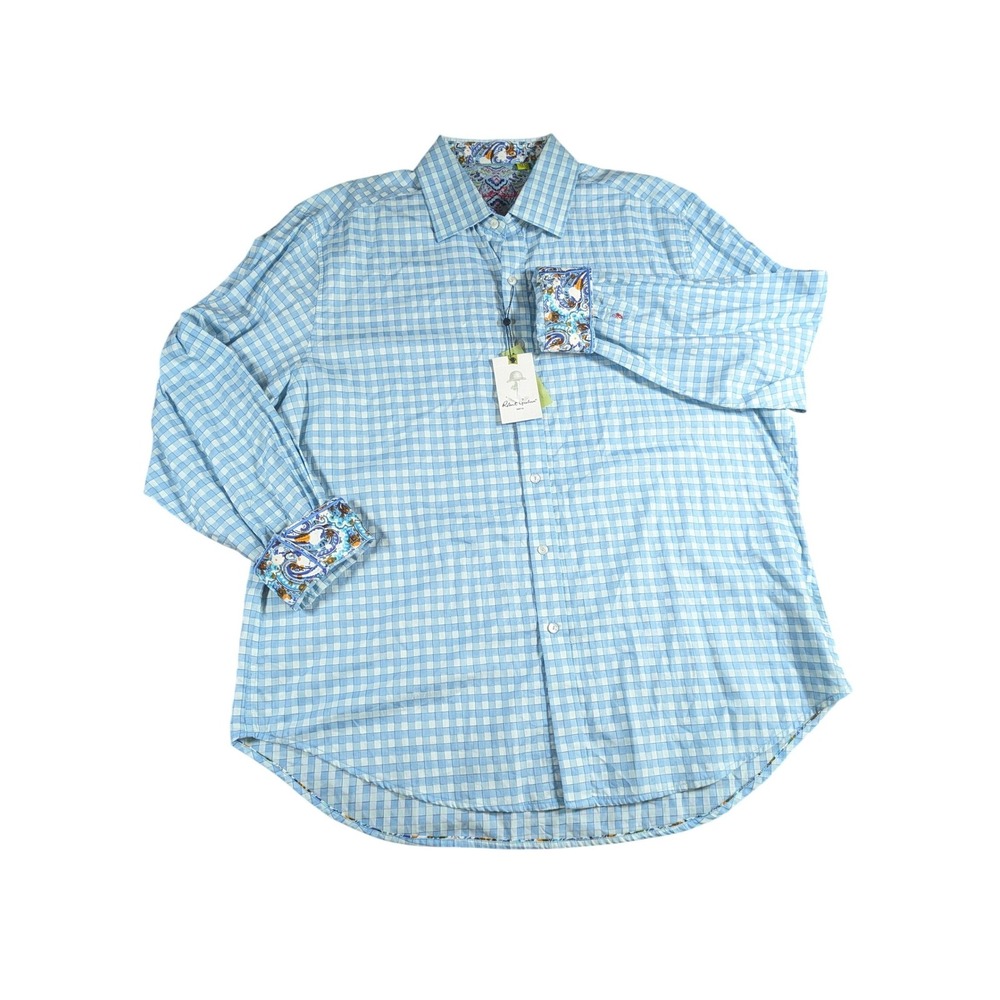Robert Graham Men's 3XL Classic Fit Cotton Button Up Shirt Blue Gingham Paisley‎